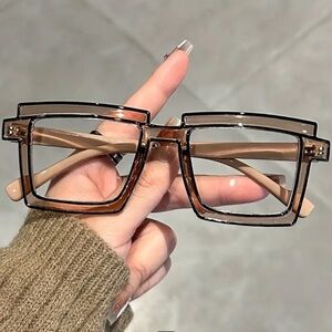 NEW Stylish Tannish Brown Square Frame Glasses w/ Black Trim